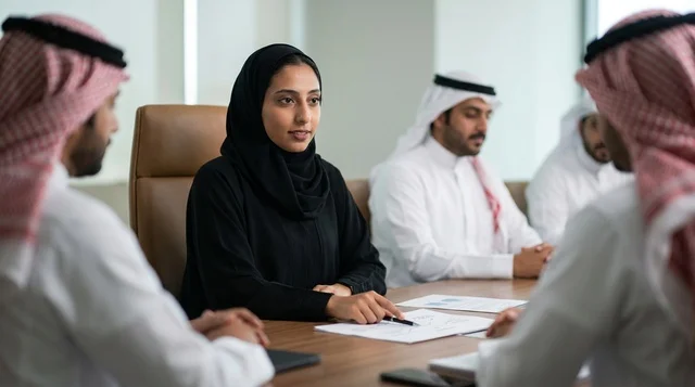 سيدة أعمال سعودية تقدم عرضا توضيحيا في اجتماع مكتب