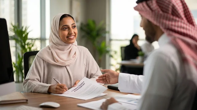 سيدة أعمال سعودية توقع اتفاقية استشارية في المكتب سيدة أعمال سعودية توقع اتفاقية استشارية في المكتب
