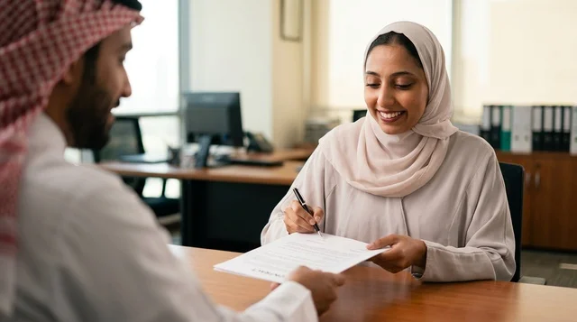 A Saudi businesswoman presents a clarifying presentation at an office meeting.