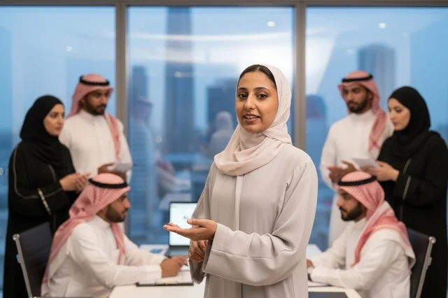 سيدة أعمال سعودية تقدم عرضا توضيحيا في اجتماع مكتب