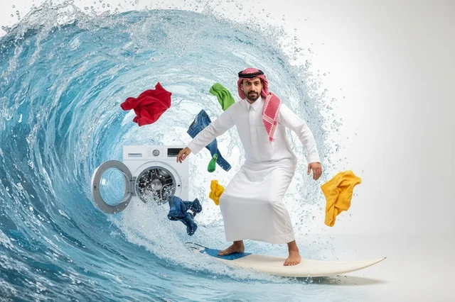 Saudi Man Surfing With Washing Machine in Water Wave