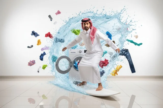 Saudi Man Surfing on Water Splash from Washing Machine