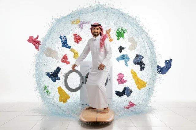 شاب سعودي على لوح تزلج مع غسالة ملابس مفهوم إبداعي