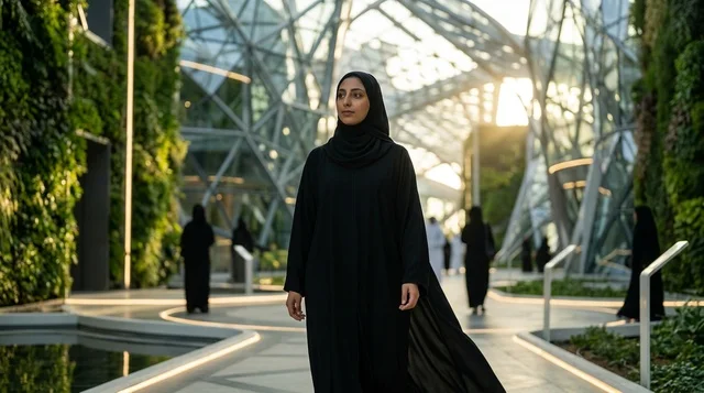 امرأة عربية بالعباءة تمشي بجانب قبة زجاجية حديثة