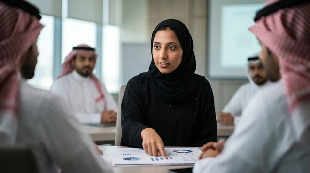 سيدة أعمال عربية تقدم تقارير مالية في مكتب شركة سعودية