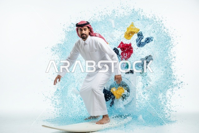 رجل سعودي يتزلج بجانب غسالة ملابس مع رذاذ ماء متطاير