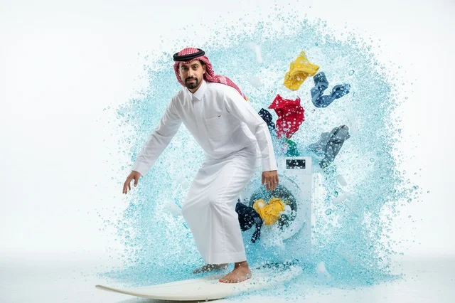 Saudi Man Surfing Next to Washing Machine Water Splash