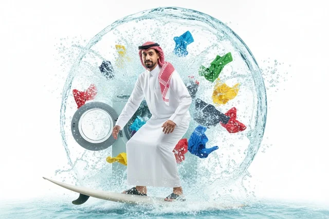 رجل سعودي يتزلج على رذاذ ماء غسالة الملابس