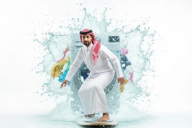 رجل سعودي يتزلج أمام غسالة ملابس مع رذاذ ماء