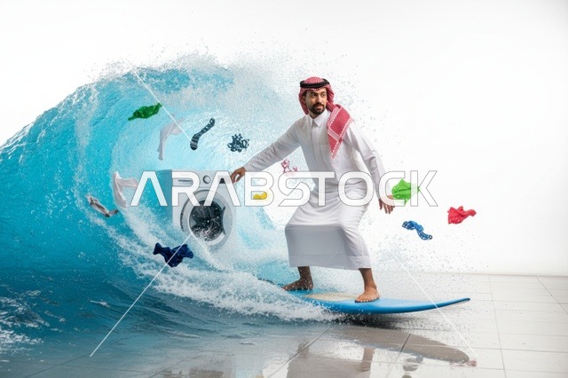 رجل سعودي يتزلج بجانب غسالة ملابس داخل موجة مائية