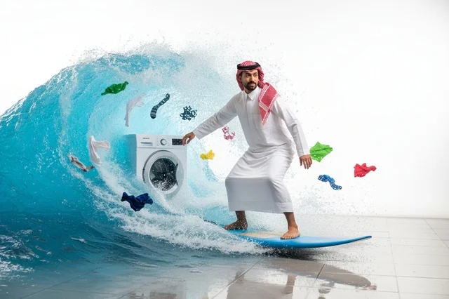 Saudi Man Surfing next to Washing Machine inside Wave
