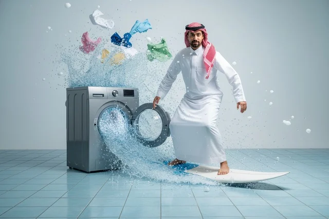 رجل سعودي يركب الأمواج فوق مياه غسالة ملابس بالاستوديو
