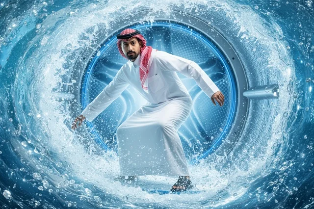 رجل سعودي داخل دوامة مائية يعبر عن مفهوم النظافة
