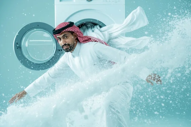 رجل سعودي يتزلج على رغوة الغسالة بشكل إبداعي