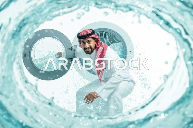 رجل سعودي يفتح غسالة ملابس وسط دوامة ماء متطايرة