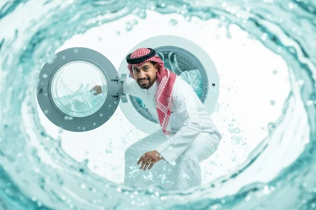 رجل سعودي يفتح غسالة ملابس وسط دوامة ماء متطايرة