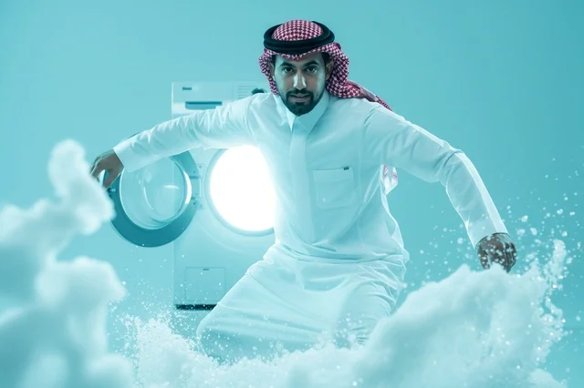 رجل سعودي يتزلج على رغوة صابون الغسيل الإبداعية