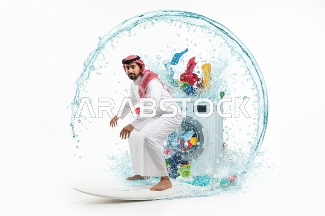 رجل سعودي يتزلج بجانب غسالة ملابس مع فقاعة ماء