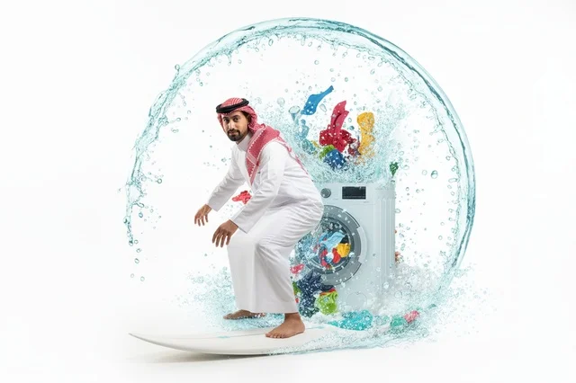 رجل سعودي يتزلج بجانب غسالة ملابس مع فقاعة ماء