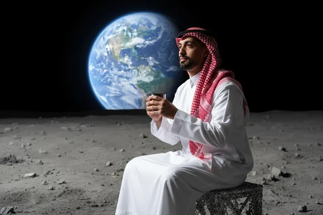 رجل سعودي على سطح القمر مع كوكب الأرض في الخلفية