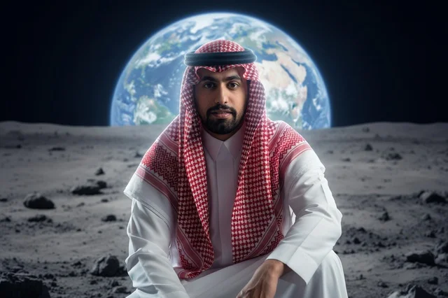 رجل سعودي بالزي التقليدي على سطح القمر مع كوكب الأرض