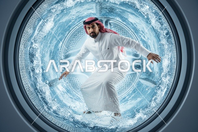 صورة مفاهيمية لرجل سعودي يركب الأمواج داخل غسالة
