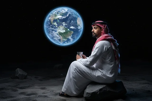 رجل عربي بالزي التقليدي على سطح القمر ينظر للأرض