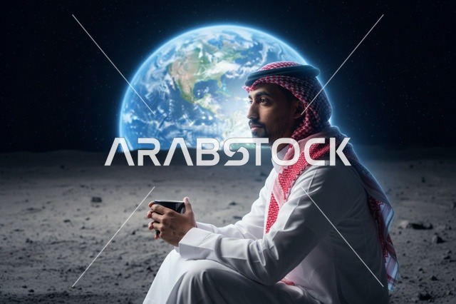 رجل سعودي على سطح القمر مع كوكب الأرض بالخلفية