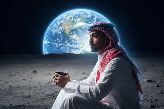 رجل سعودي على سطح القمر مع كوكب الأرض بالخلفية