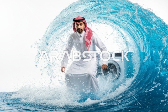 رجل سعودي يركب الأمواج بجانب غسالة ملابس في موجة البحر