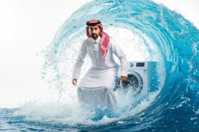 رجل سعودي يركب الأمواج بجانب غسالة ملابس في موجة البحر