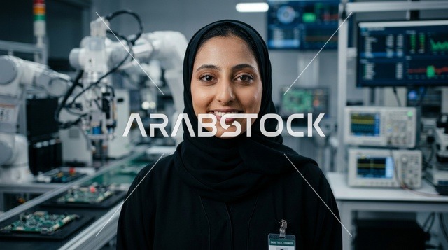صورة مهندسة عربية داخل مختبر روبوتات عالي التقنية