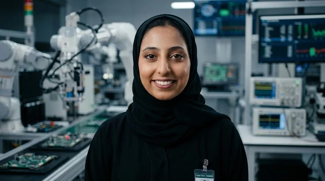 صورة مهندسة عربية داخل مختبر روبوتات عالي التقنية