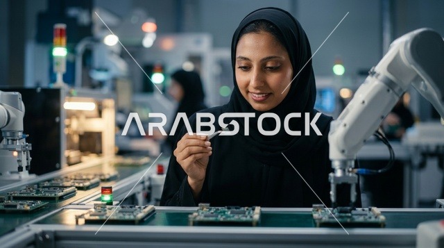 مهندسة عربية بالحجاب تعمل في مصنع إلكترونيات حديث
