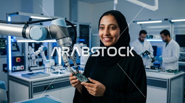 مهندسة عربية مع ذراع روبوتية في مختبر تقني حديث