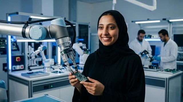 مهندسة عربية مع ذراع روبوتية في مختبر تقني حديث