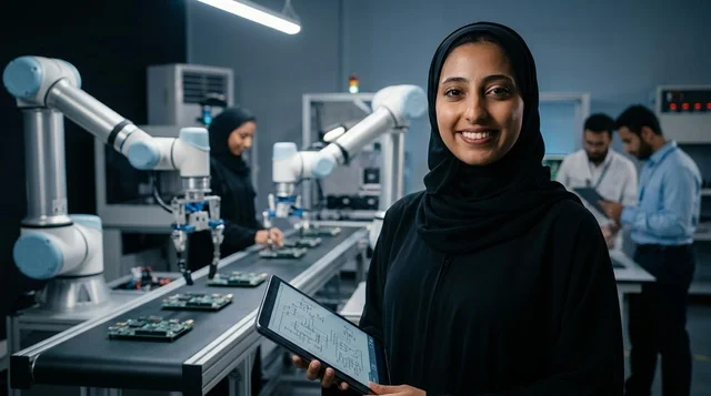 مهندسة عربية في مختبر روبوتات وتكنولوجيا حديثة