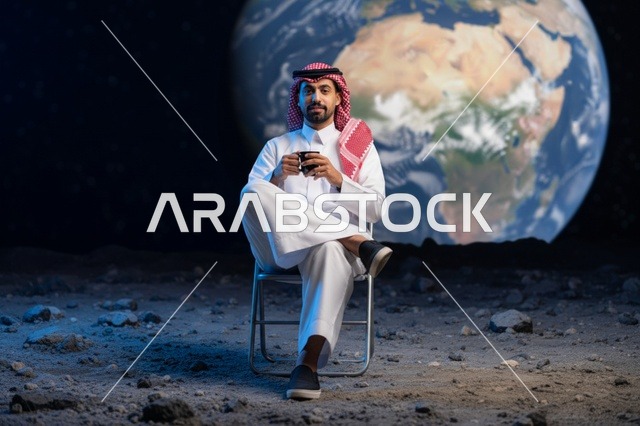رجل سعودي يجلس على سطح القمر مع خلفية الأرض