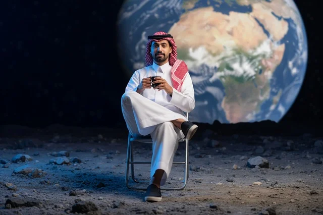 رجل سعودي يجلس على سطح القمر مع خلفية الأرض