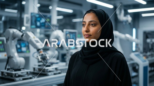 مهندسة عربية محجبة تقف داخل مختبر روبوتات صناعية حديث