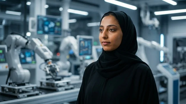 مهندسة عربية محجبة تقف داخل مختبر روبوتات صناعية حديث