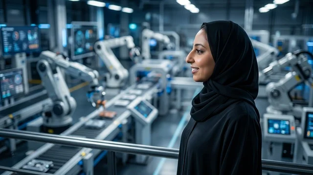Arab Female Engineer in Modern Automated Factory