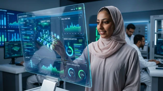 مهندسة عربية تستخدم شاشة ذكية مستقبلية في المختبر