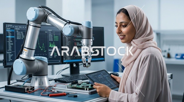 Arab Female Engineer Programming Robot Arm in Lab