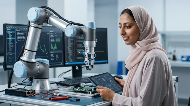 Arab Female Engineer Programming Robot Arm in Lab