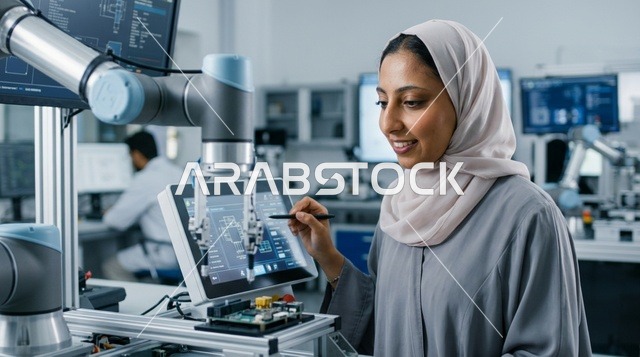 مهندسة عربية محجبة تعمل في مختبر الروبوتات والذكاء الاصطناعي