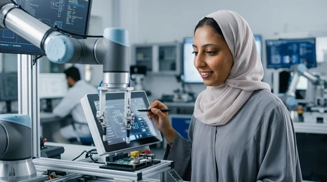 مهندسة عربية محجبة تعمل في مختبر الروبوتات والذكاء الاصطناعي