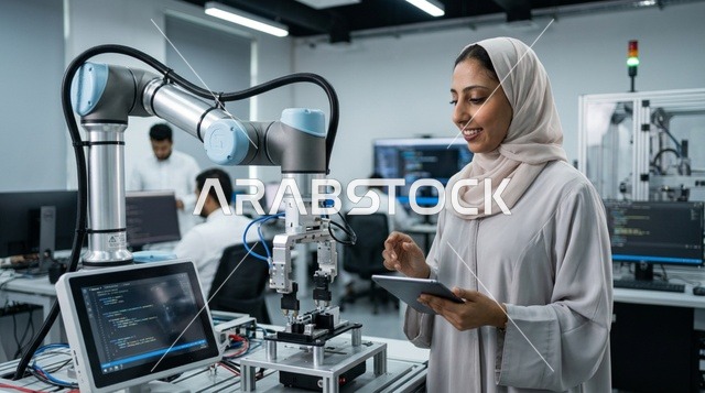 Arab Female Engineer with Robotic Arm in High-Tech Lab