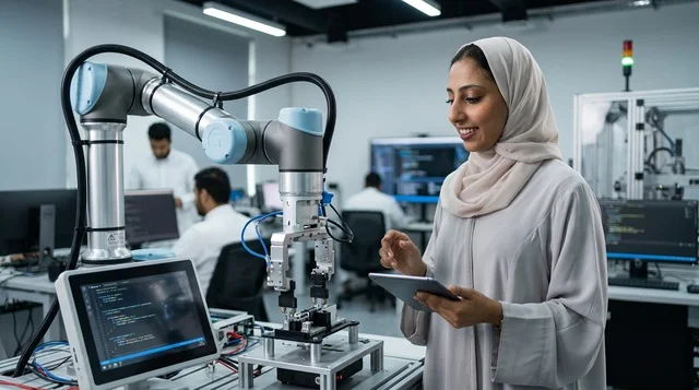 Arab Female Engineer with Robotic Arm in High-Tech Lab