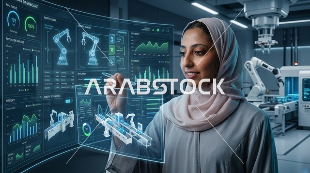 Arab Female Engineer Operating Smart Factory Hologram